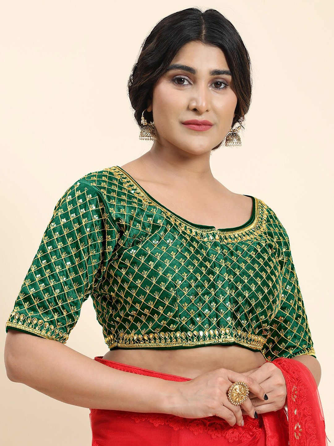 

Kasak Embroidered Silk Saree Blouse, Green