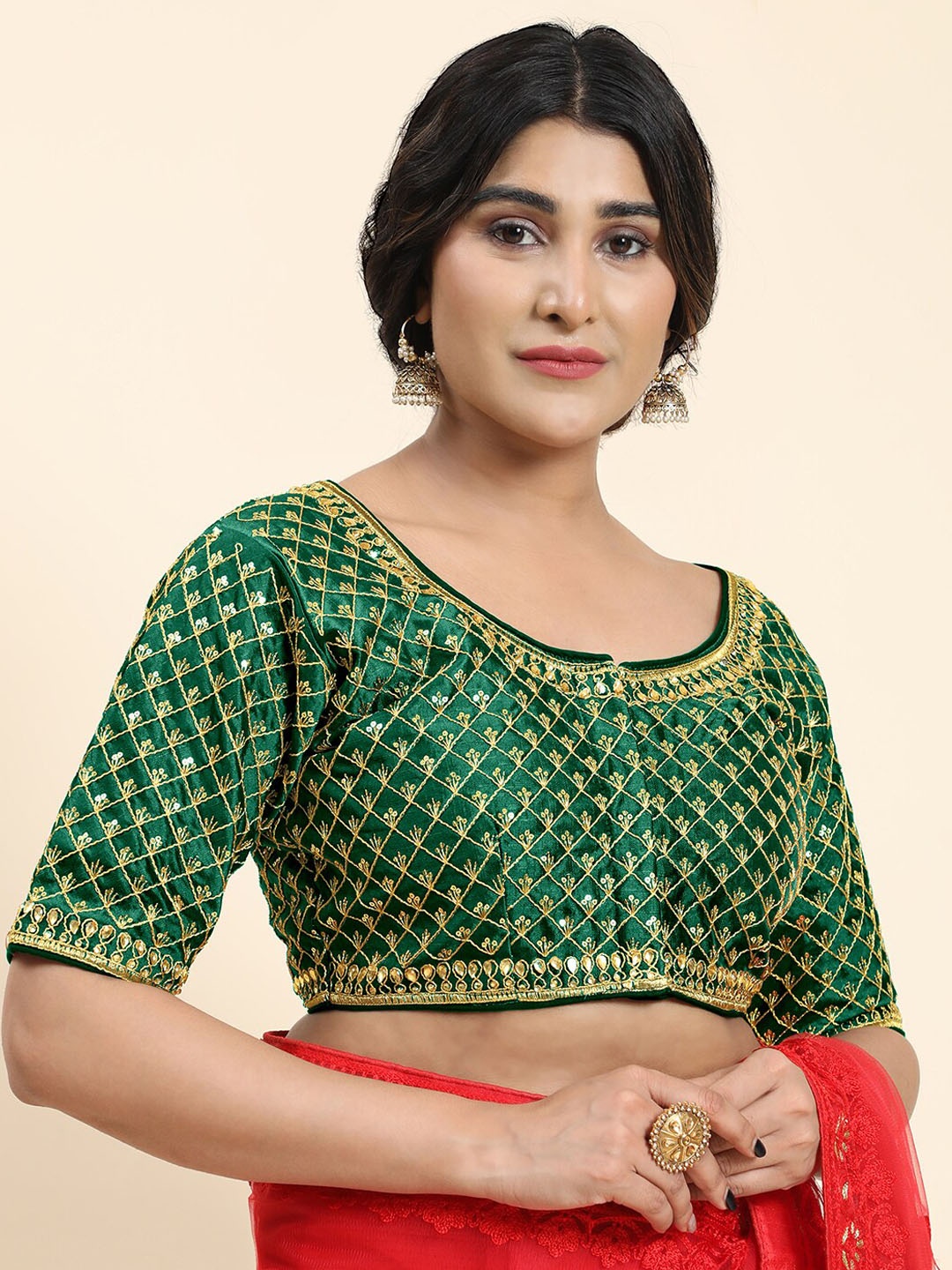 

Kasak Cup Padded Silk Embellished Saree Blouse, Green