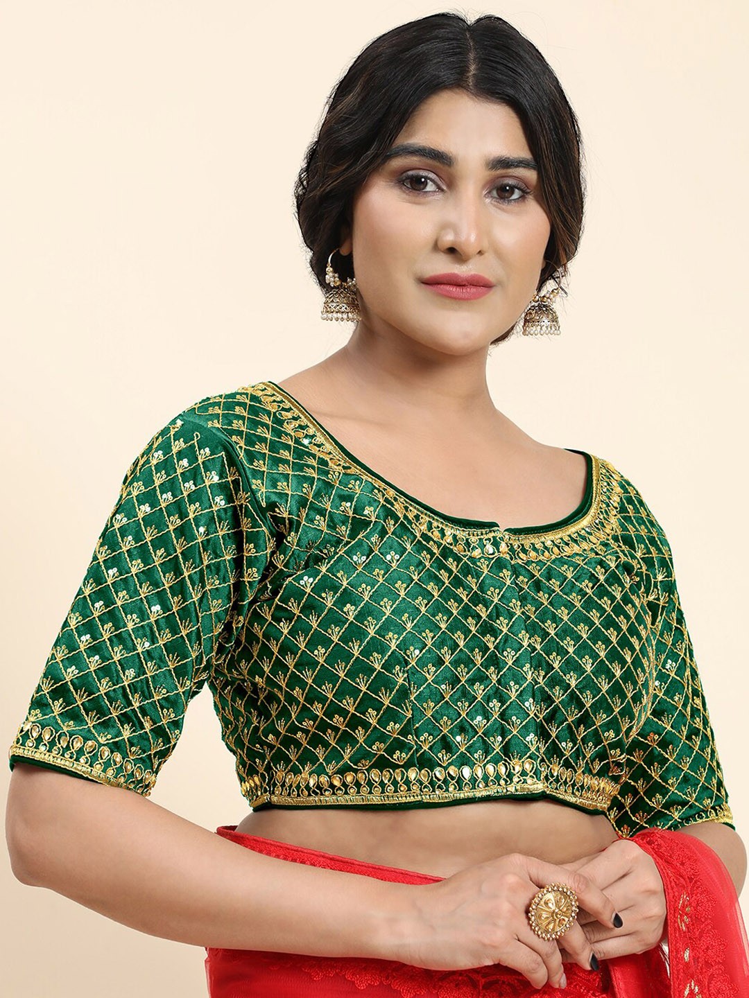 

Kasak Cup Padded Silk Embellished Saree Blouse, Green