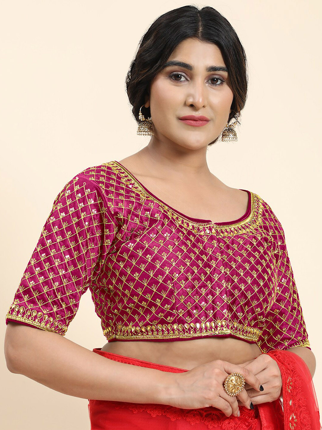 

Kasak Embroidered Padded Saree Blouse, Pink