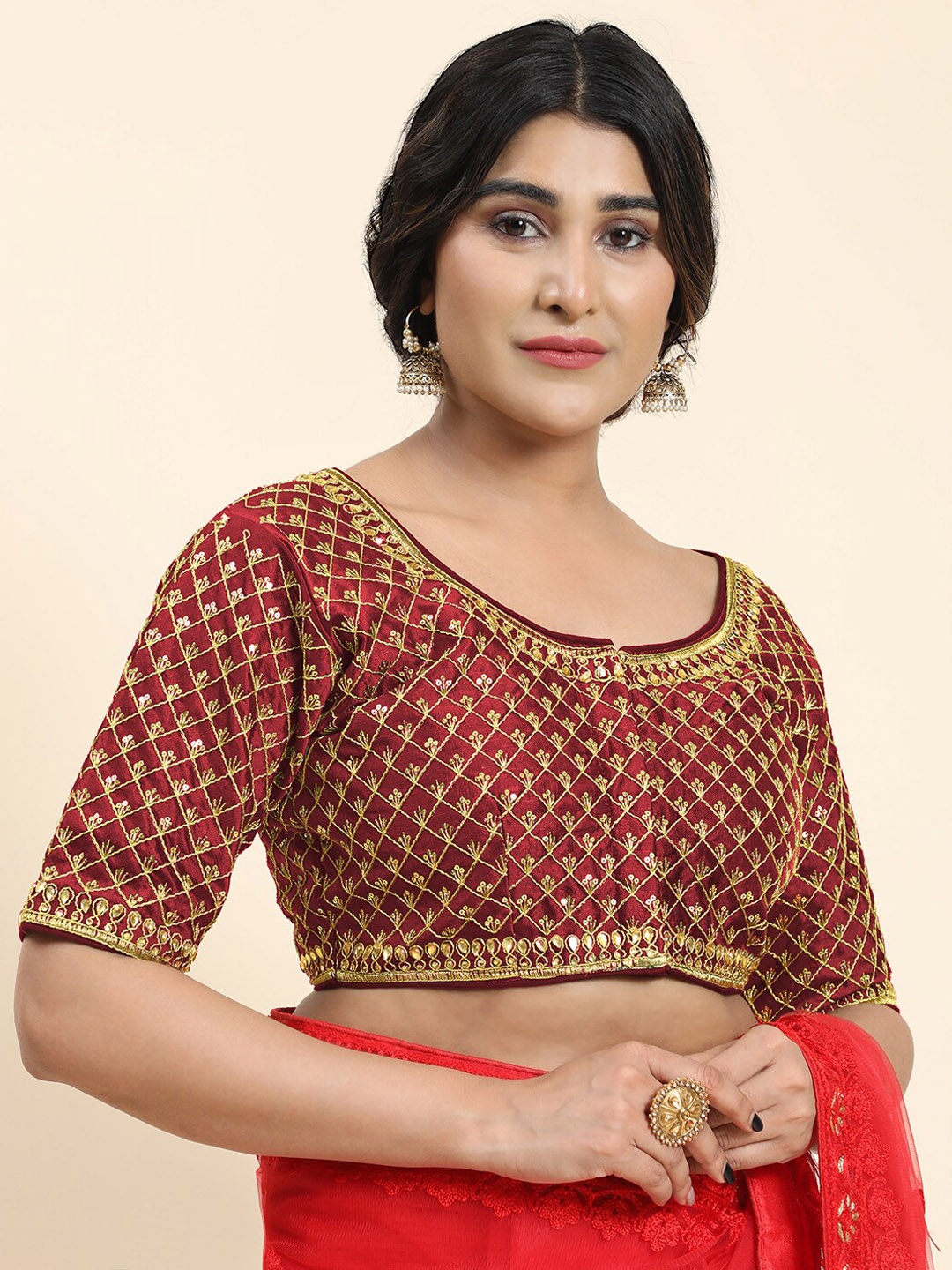 

Kasak Embroidered Padded Saree Blouse, Maroon