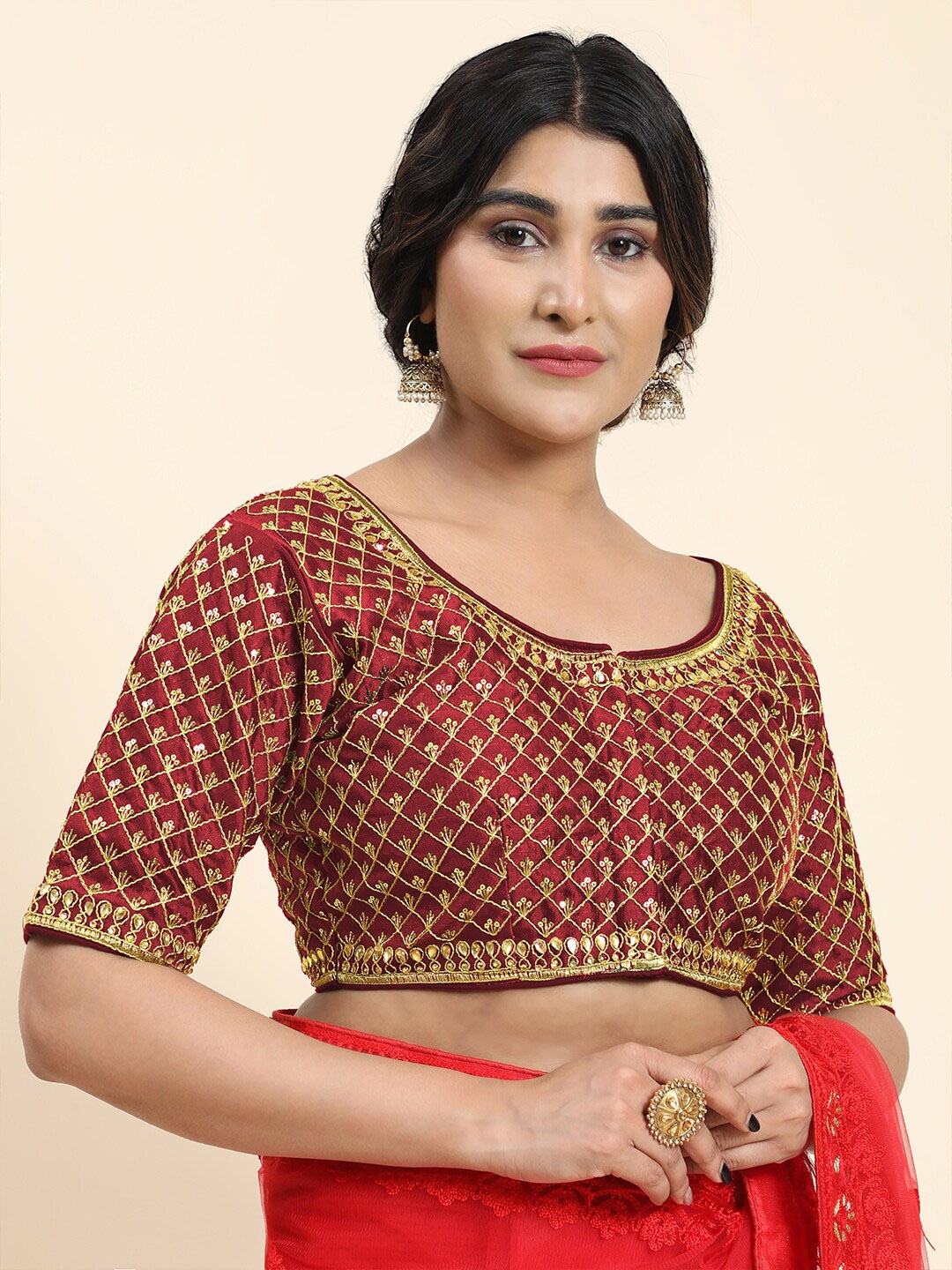 

Kasak Embroidered Padded Saree Blouse, Maroon