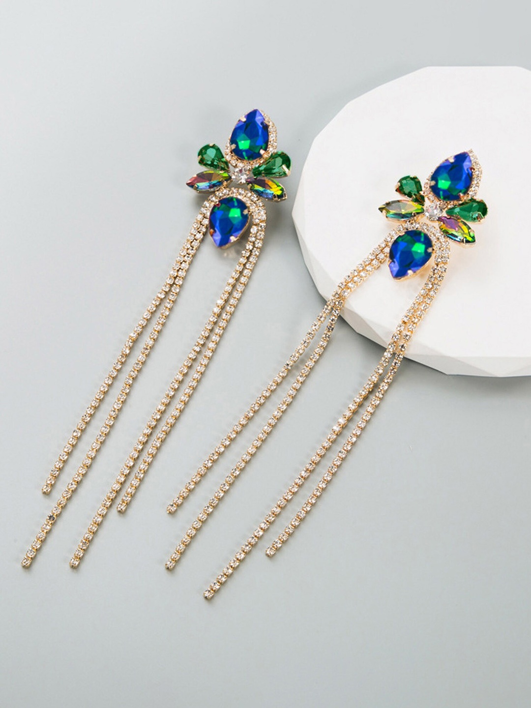 

Bellofox Gold-Plated Stone Studded Tasselled Contemporary Drop Earrings