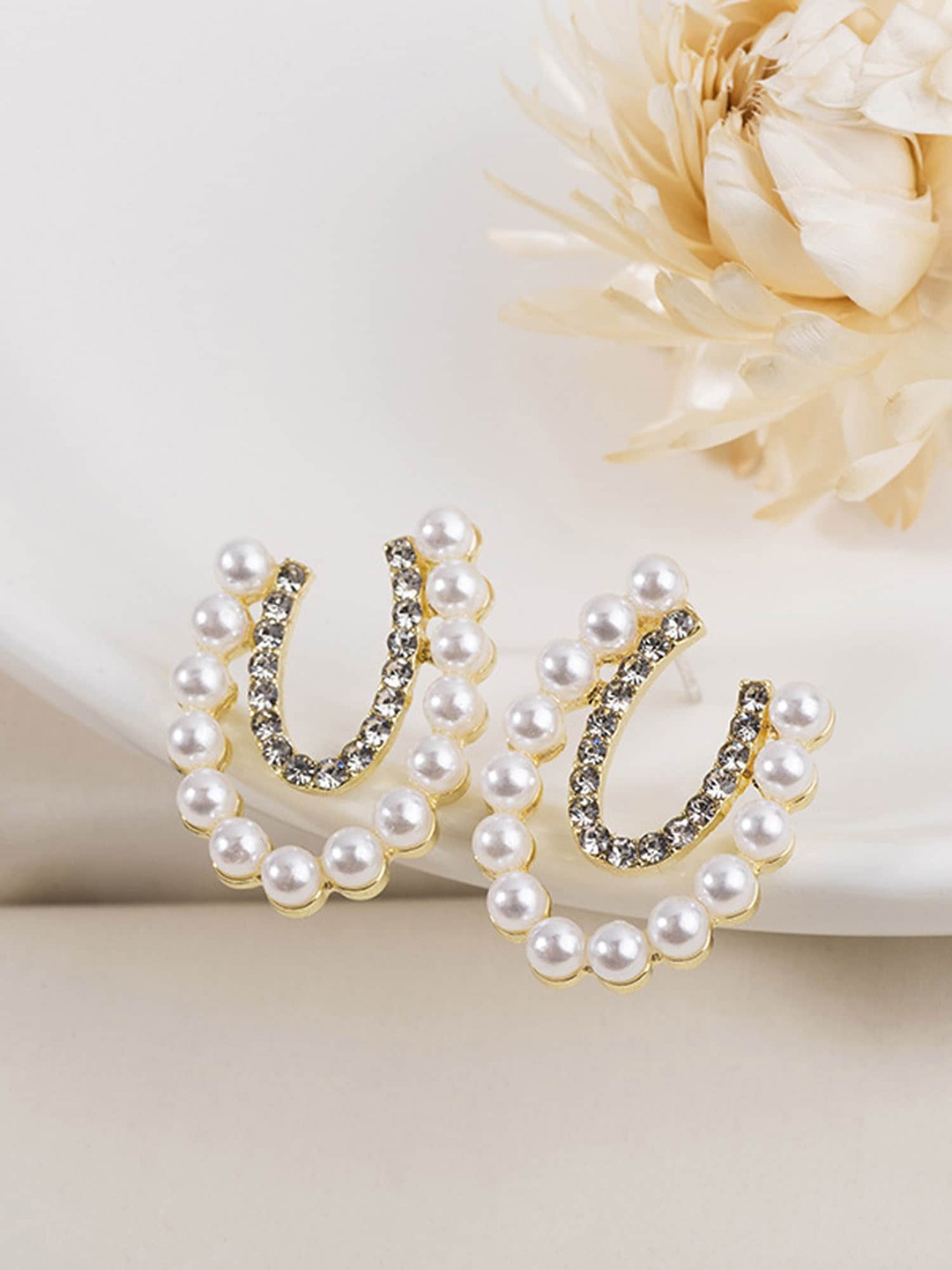 

Bellofox Gold-Plated Stone Studded & Beaded Contemporary Drop Earrings