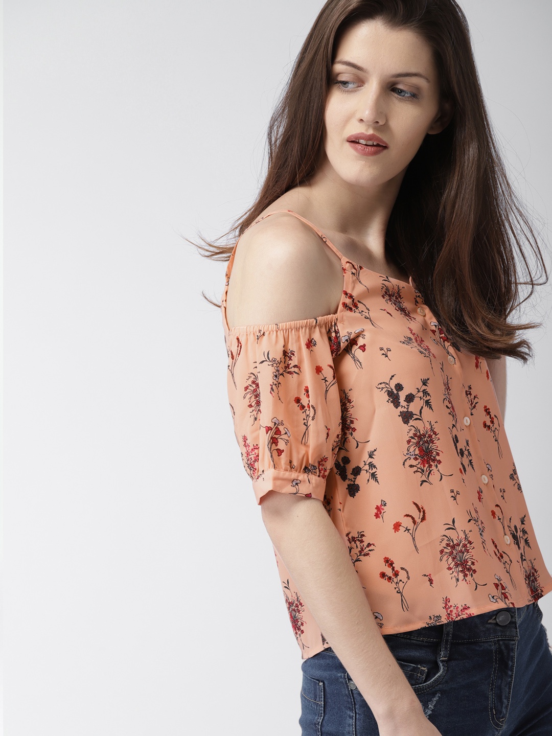 

Mast & Harbour Peach-Coloured Floral Cold-Shoulder Shirt Style Top