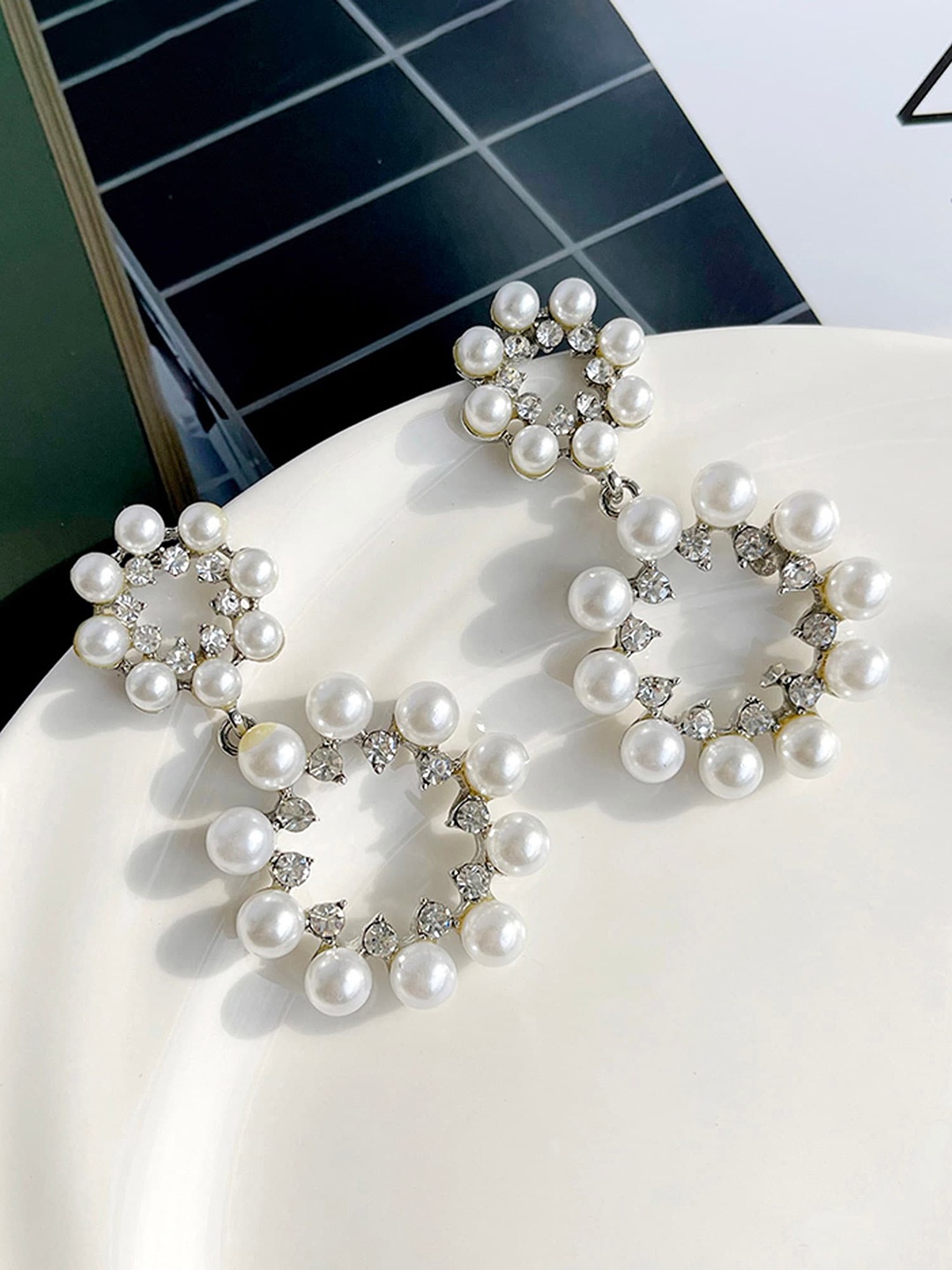 

Bellofox Silver-Toned & White Circular Shaped Drop Earrings