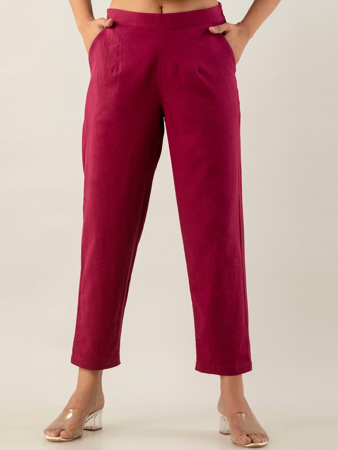 

Sutidora Women Smart High-Rise Easy Wash Pleated Pure Cotton Trousers, Red