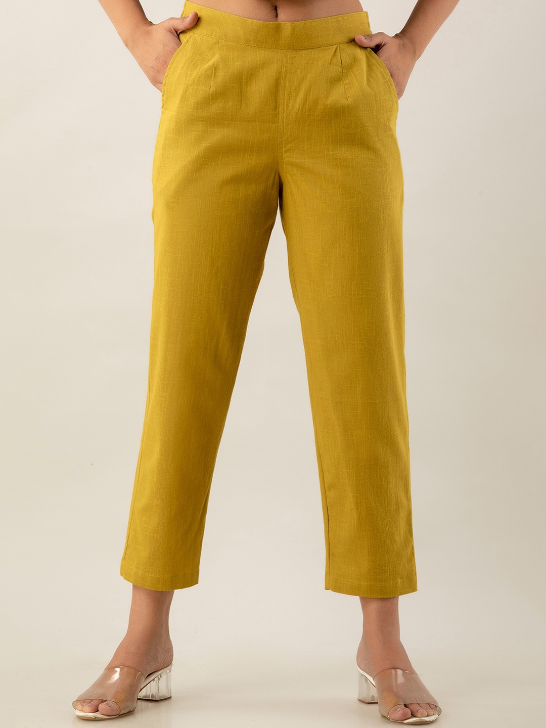 

Sutidora Women Smart High-Rise Easy Wash Pleated Pure Cotton Trousers, Mustard