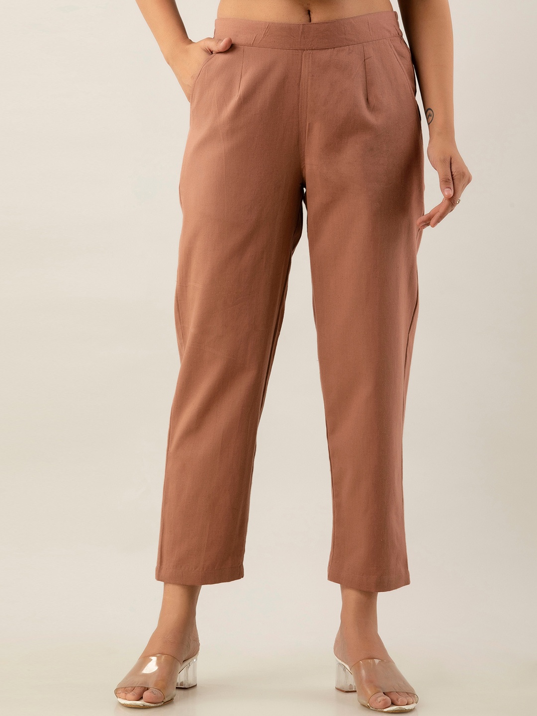 

Sutidora Women Smart High-Rise Easy Wash Pleated Pure Cotton Trousers, Beige