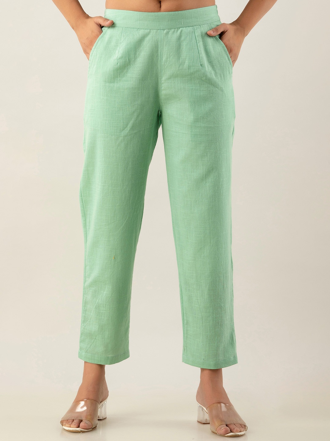 

Sutidora Women Smart High-Rise Easy Wash Pleated Pure Cotton Trousers, Lime green