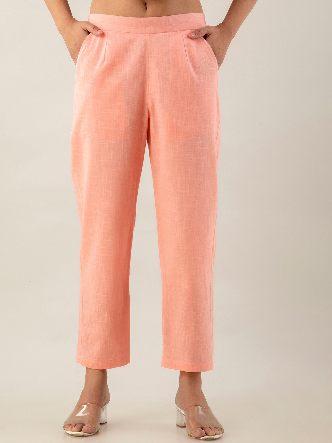 

Sutidora Women Smart High-Rise Easy Wash Pleated Pure Cotton Trousers, Peach