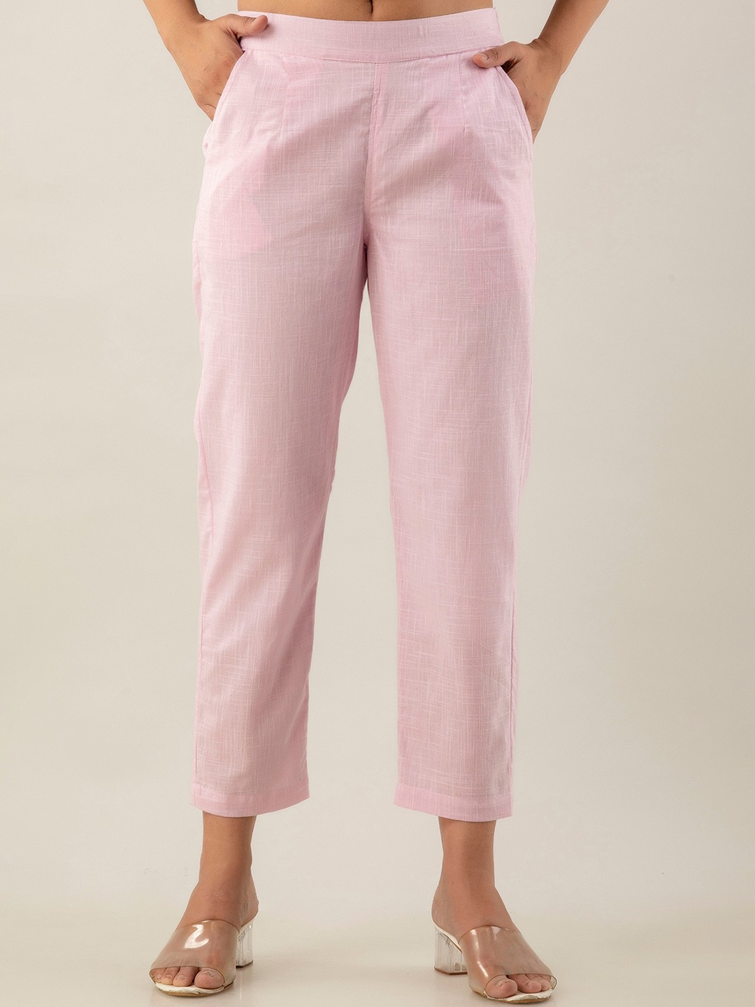 

Sutidora Women Smart High-Rise Easy Wash Pleated Pure Cotton Trousers, Lavender