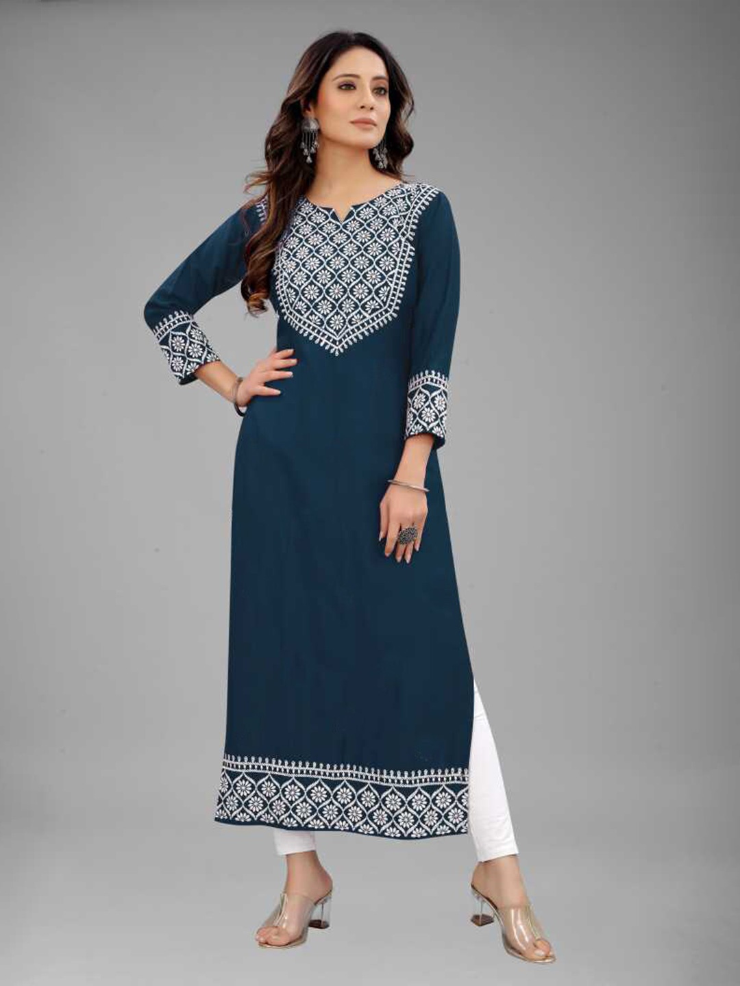 

Femvy Ethnic Motifs Embroidered Notched Neck Kurta, Teal