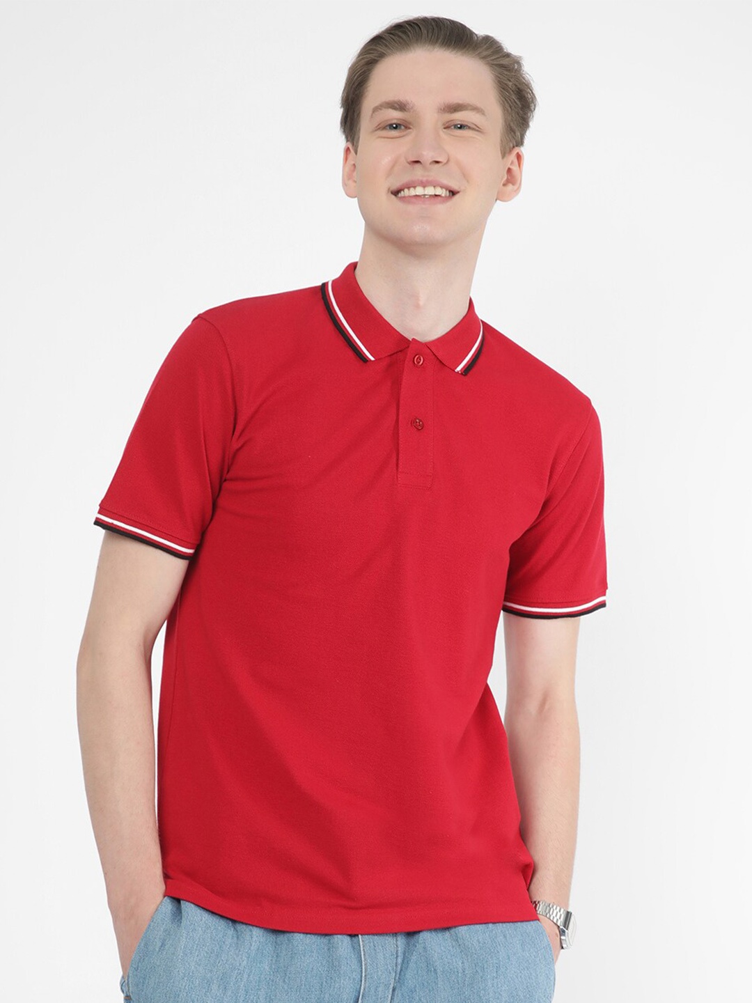 

R&B Polo Collar Cotton Relaxed Fit T-shirt, Red