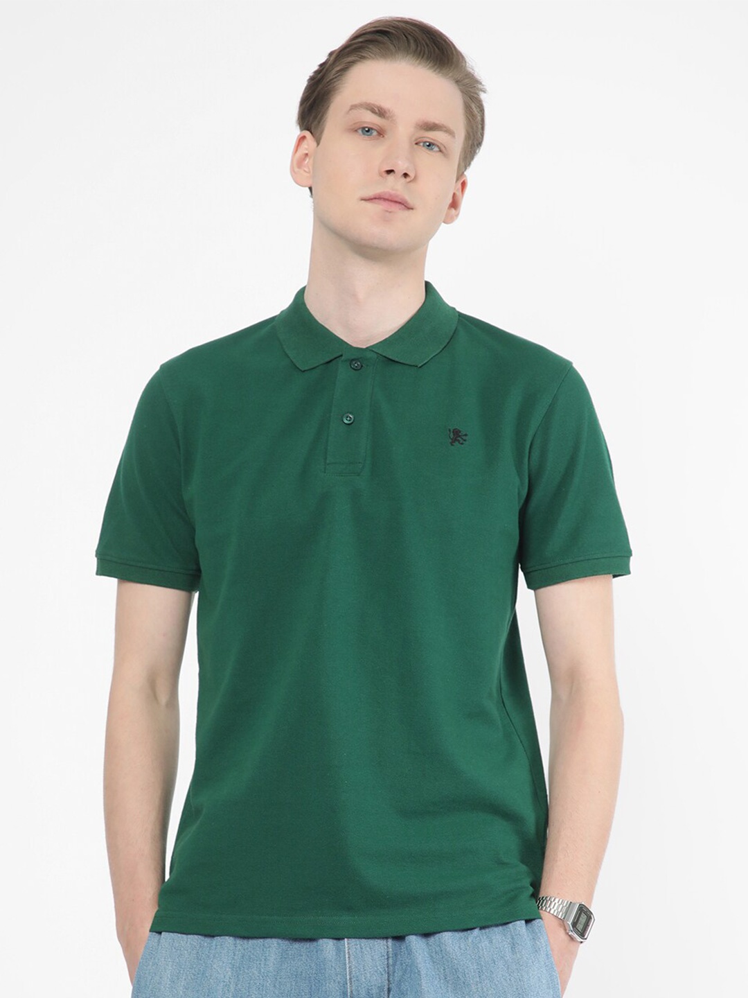 

R&B Polo Collar Cotton Relaxed Fit T-shirt, Green