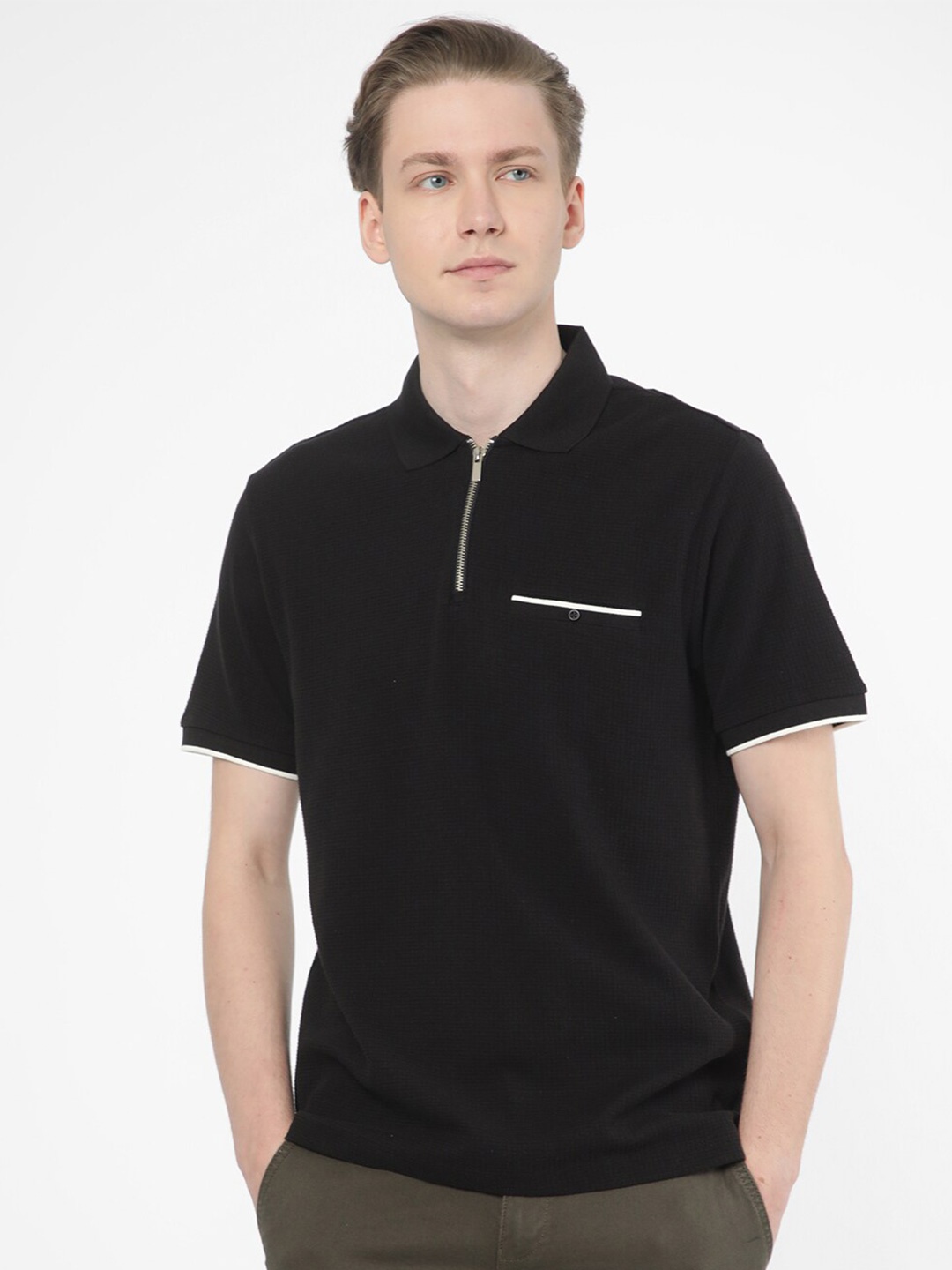

R&B Polo Collar Cotton Relaxed Fit T-shirt, Black