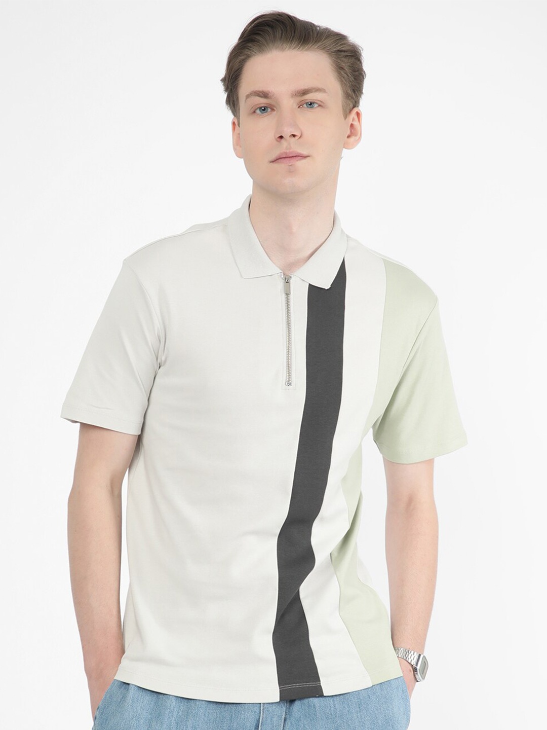 

R&B Colourblocked Polo Collar Cotton T-shirt, Off white