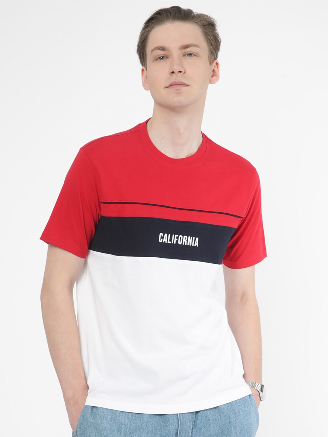 

R&B Colourblocked Cotton Relaxed Fit T-shirt, Red