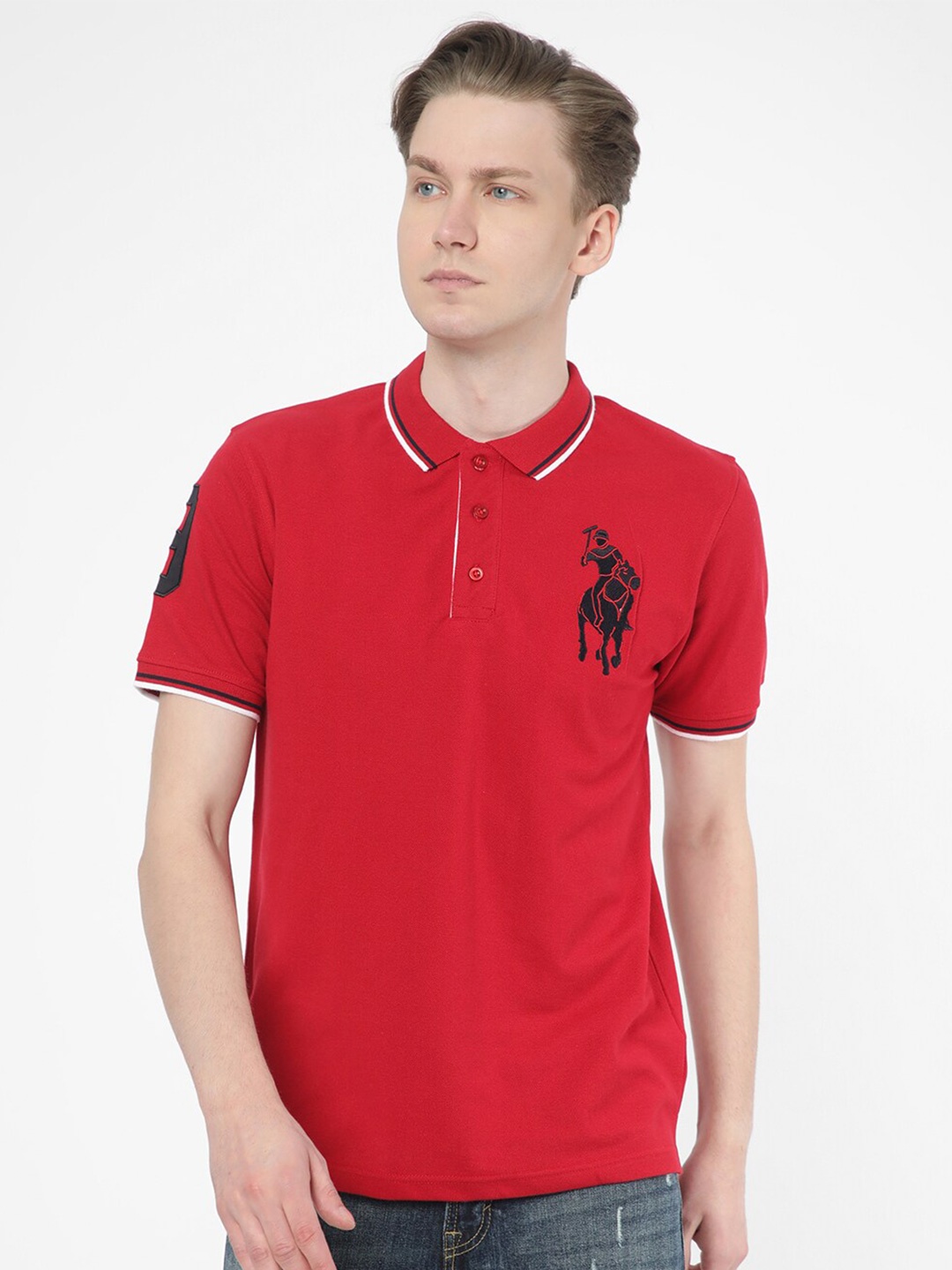 

R&B Polo Collar Cotton Relaxed Fit T-shirt, Red