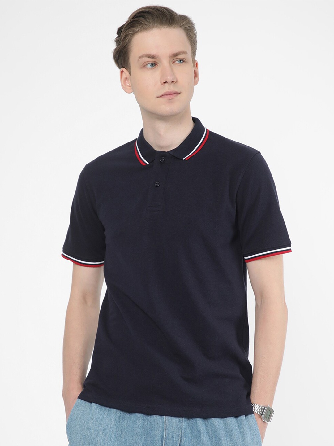 

R&B Polo Collar Cotton Relaxed Fit T-shirt, Navy blue