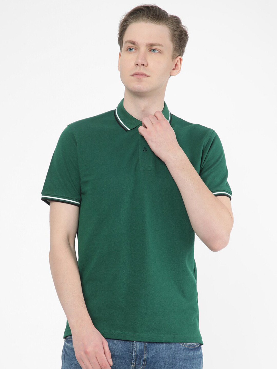 

R&B Polo Collar Cotton Relaxed Fit T-shirt, Green