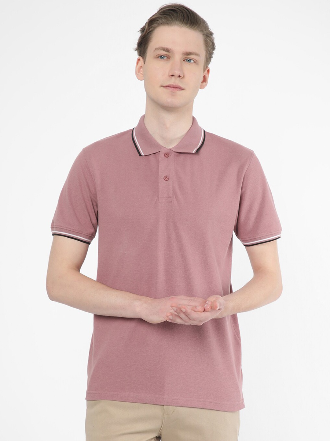 

R&B Polo Collar Cotton Relaxed Fit T-shirt, Pink