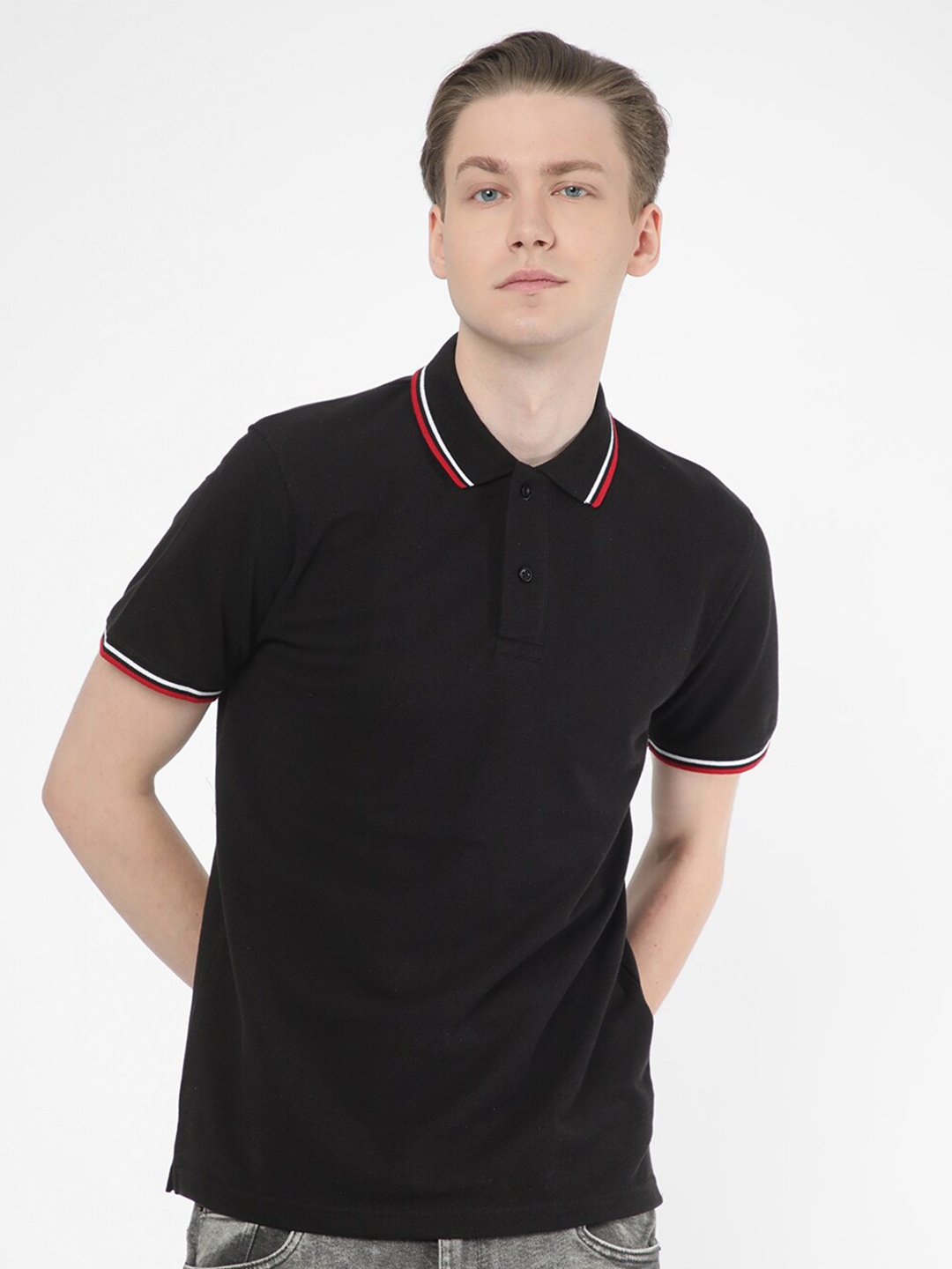 

R&B Polo Collar Cotton Relaxed Fit T-shirt, Black