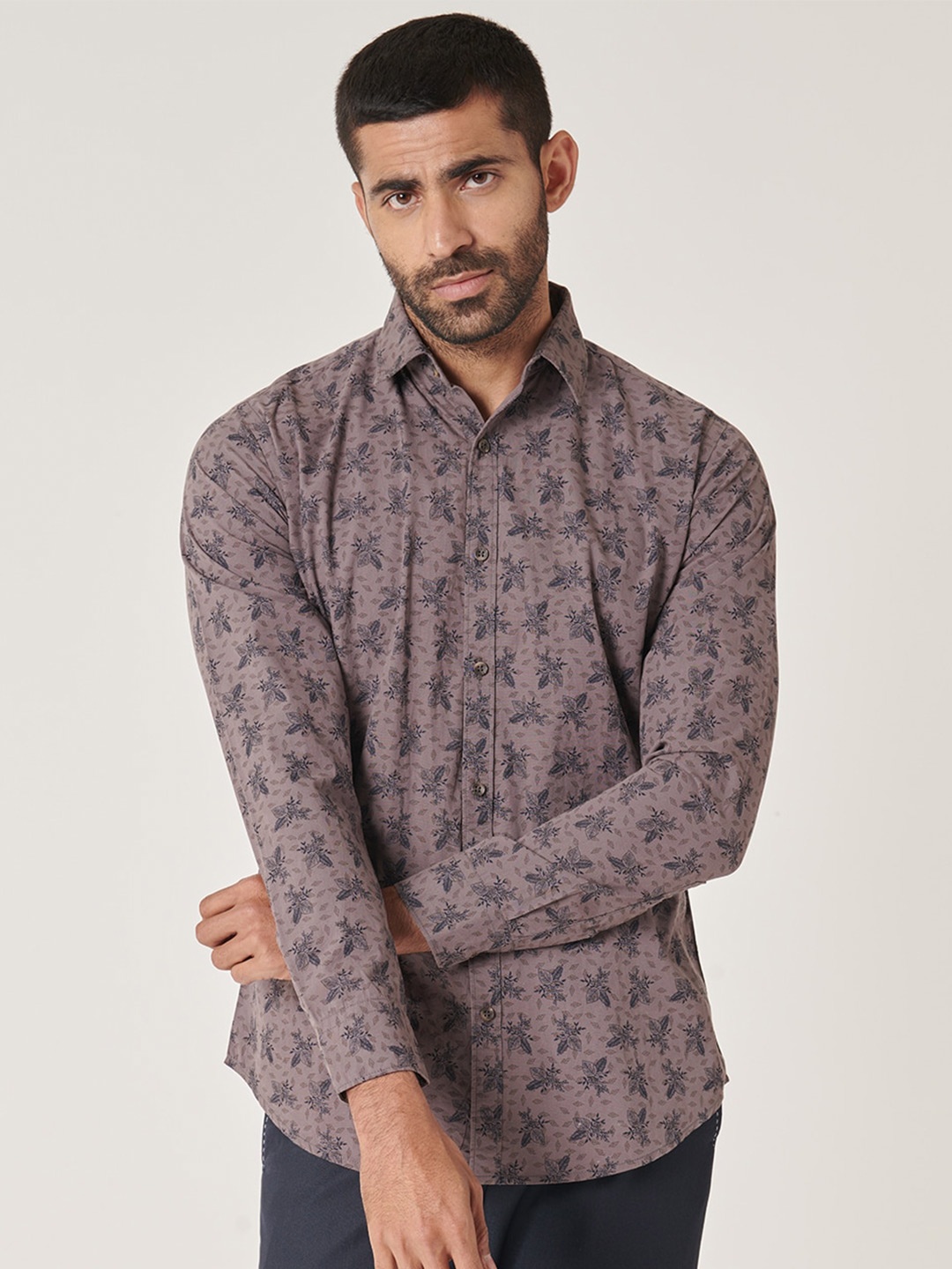 

MR BUTTON Slim Fit Floral Printed Cotton Shirt, Grey