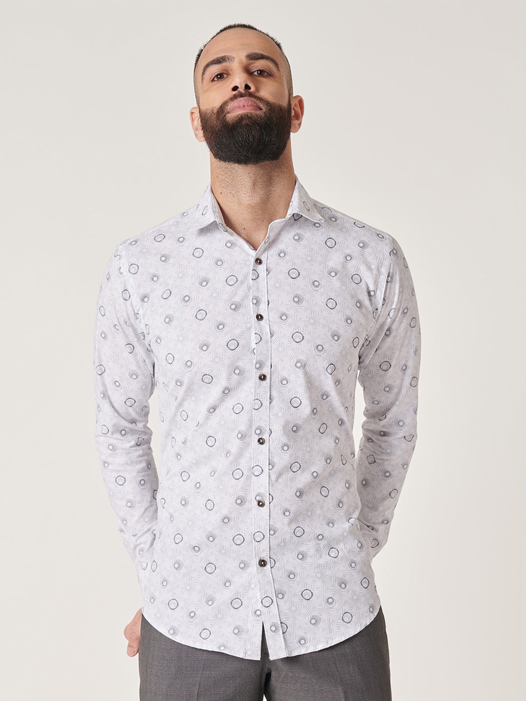 

MR BUTTON Slim Fit Geometric Printed Cotton Shirt, White