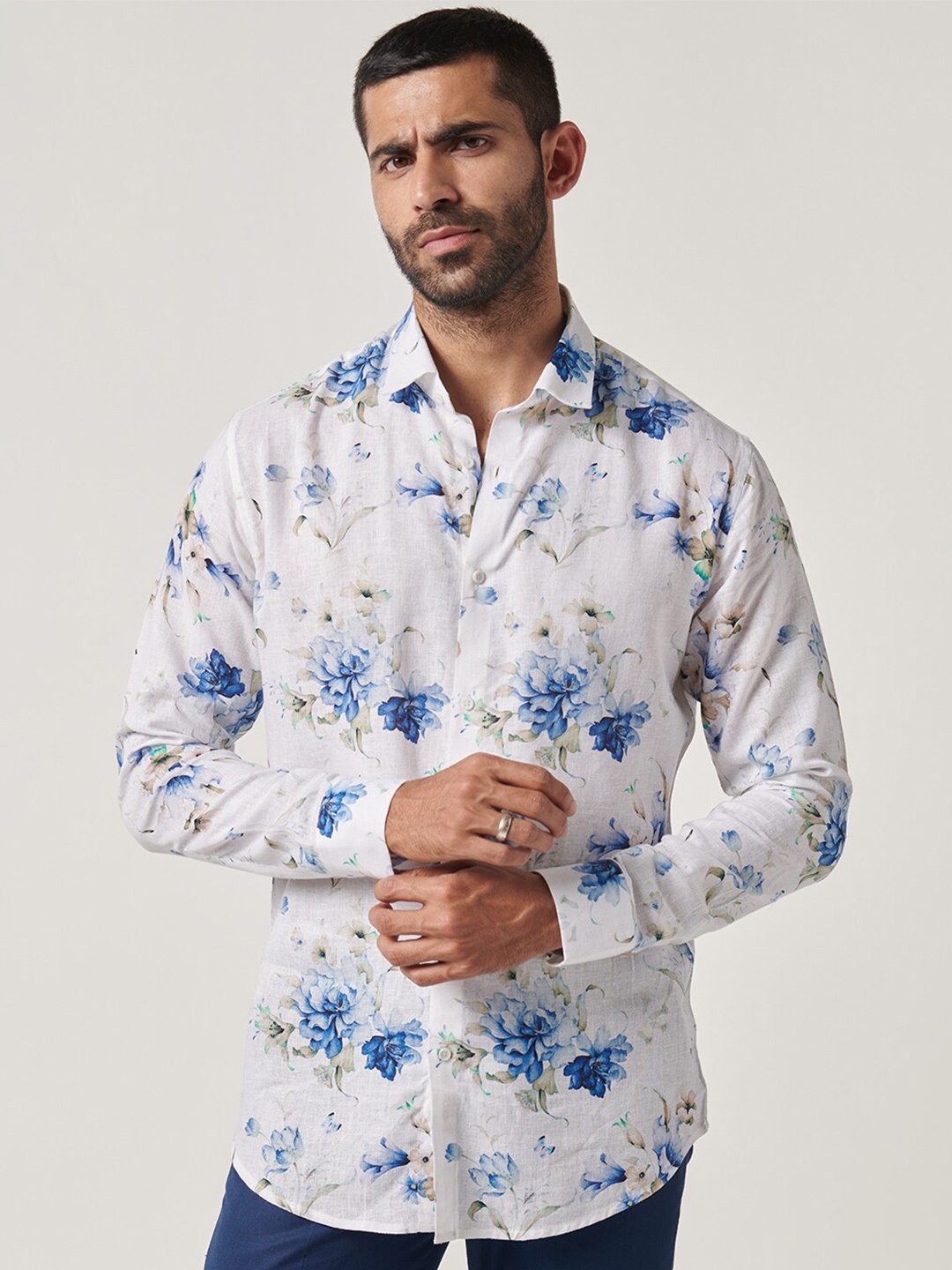 

MR BUTTON Slim Fit Floral Printed Cotton Shirt, White