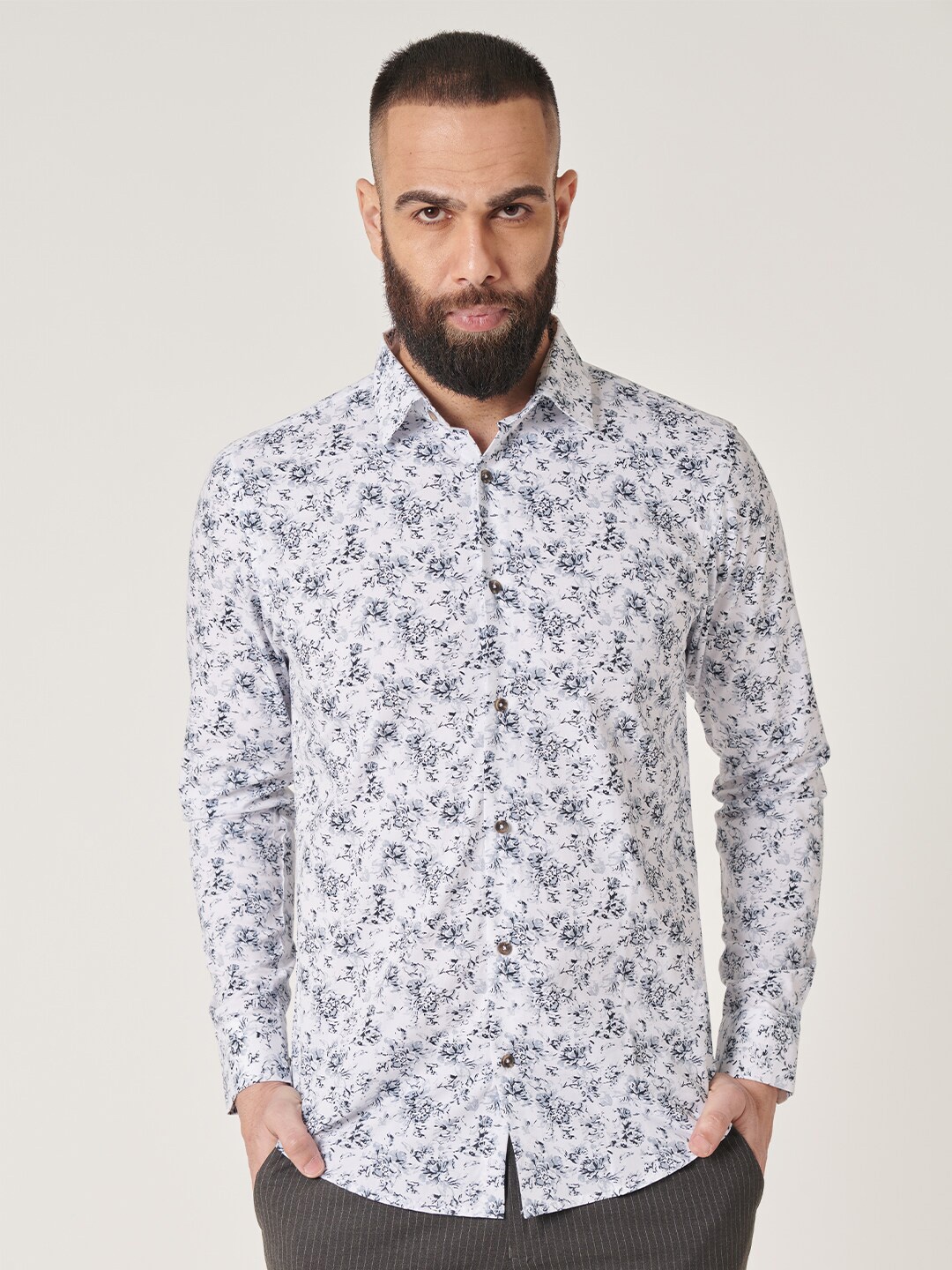 

MR BUTTON Slim Fit Floral Printed Cotton Shirt, White