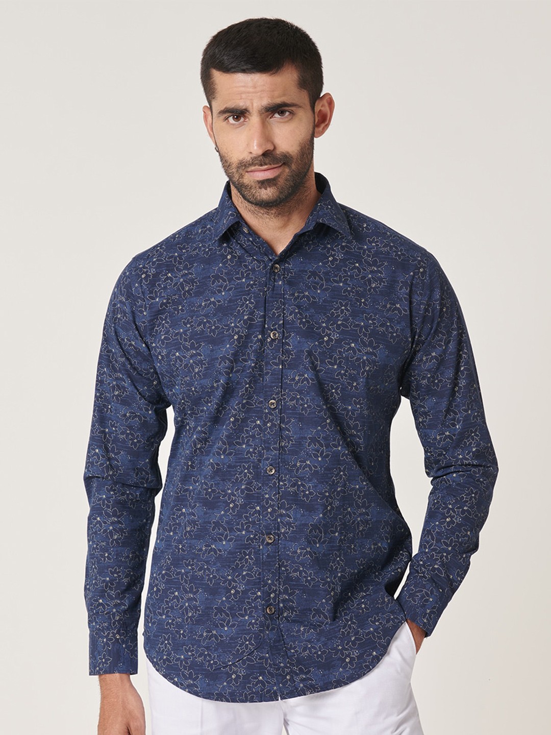 

MR BUTTON Slim Fit Floral Printed Cotton Shirt, Navy blue