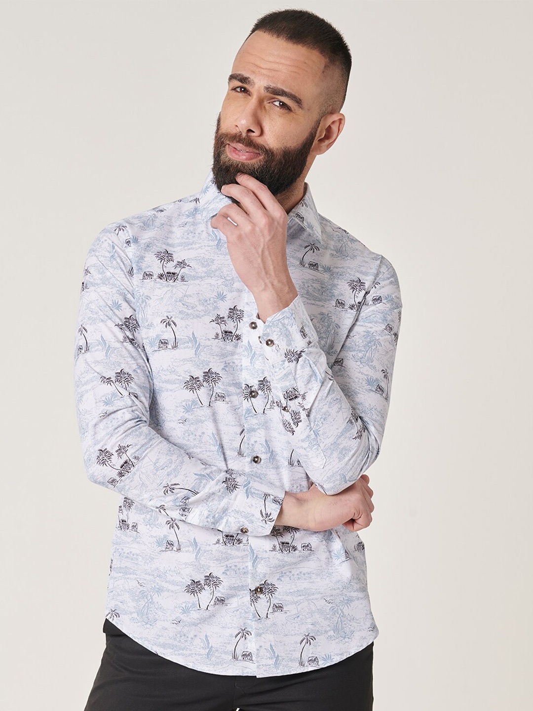 

MR BUTTON Slim Fit Tropical Printed Cotton Casual Shirt, White