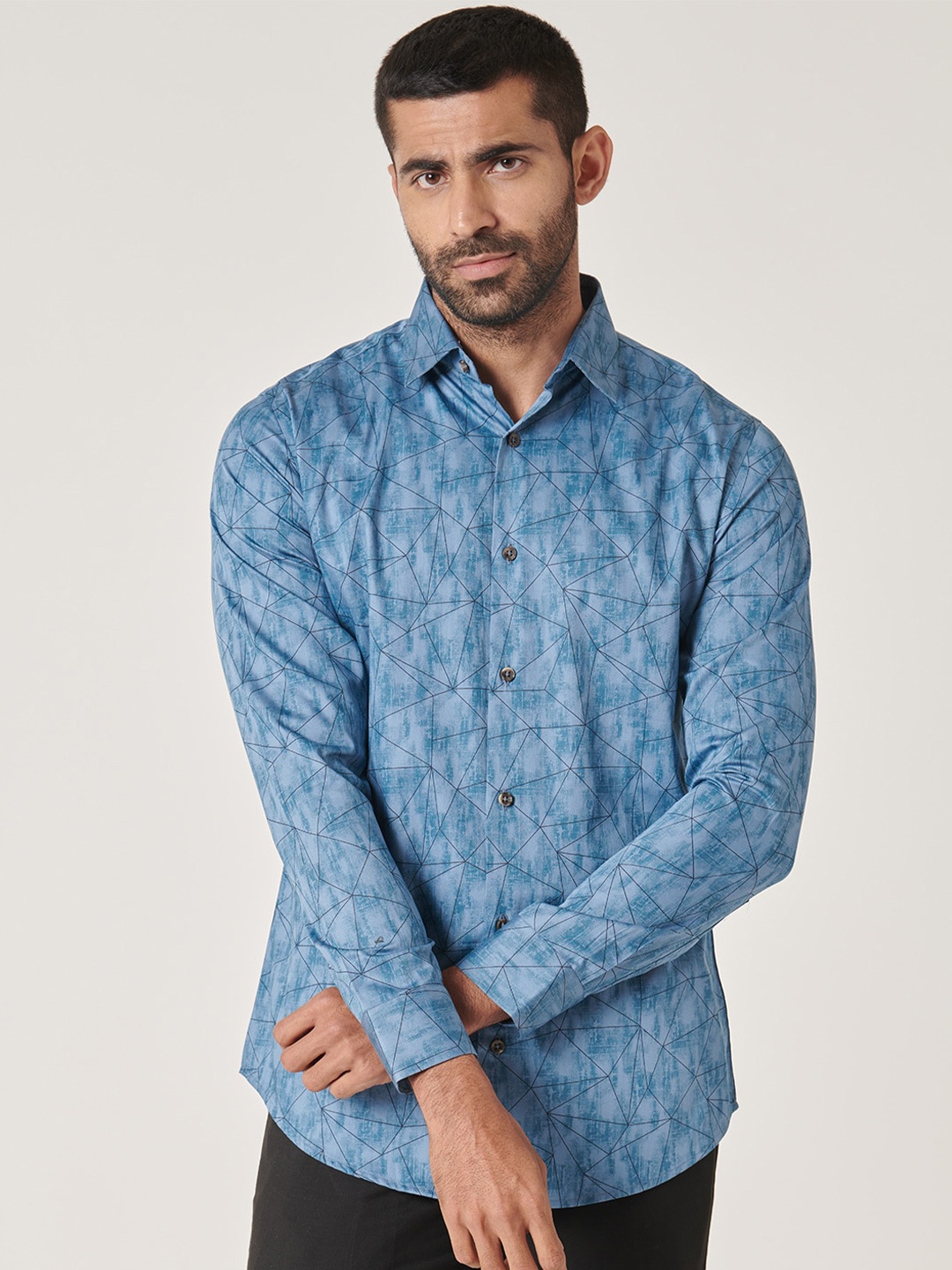 

MR BUTTON Slim Fit Geometric Printed Cotton Casual Shirt, Blue