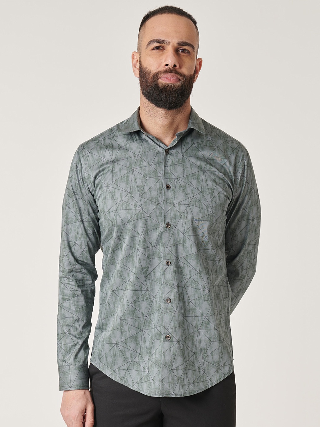 

MR BUTTON Slim Fit Geometric Printed Cotton Casual Shirt, Green