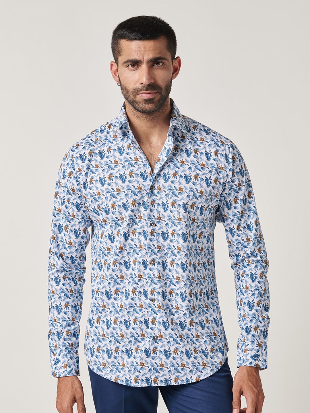 

MR BUTTON Slim Fit Floral Printed Cotton Casual Shirt, White