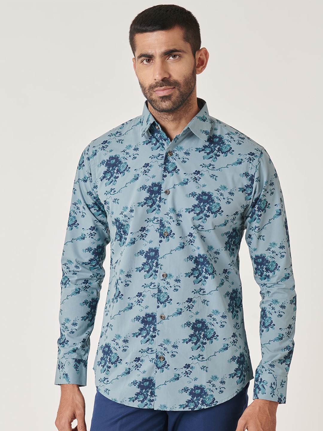 

MR BUTTON Slim Fit Floral Printed Cotton Casual Shirt, Blue