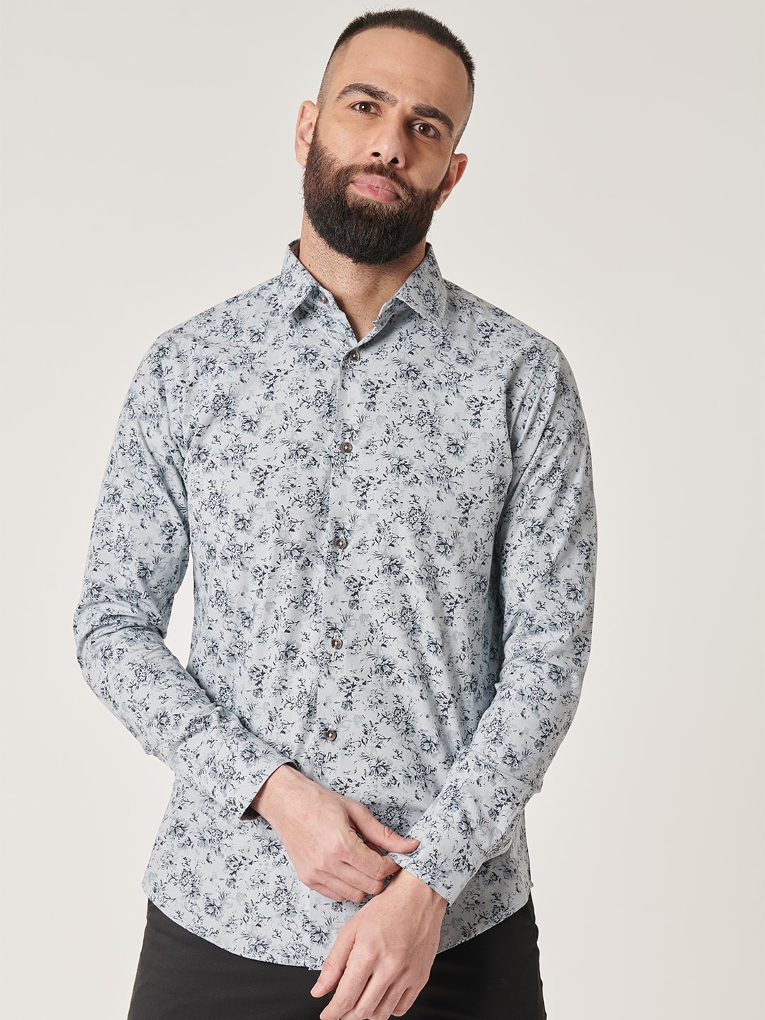 

MR BUTTON Slim Fit Floral Printed Cotton Casual Shirt, Grey