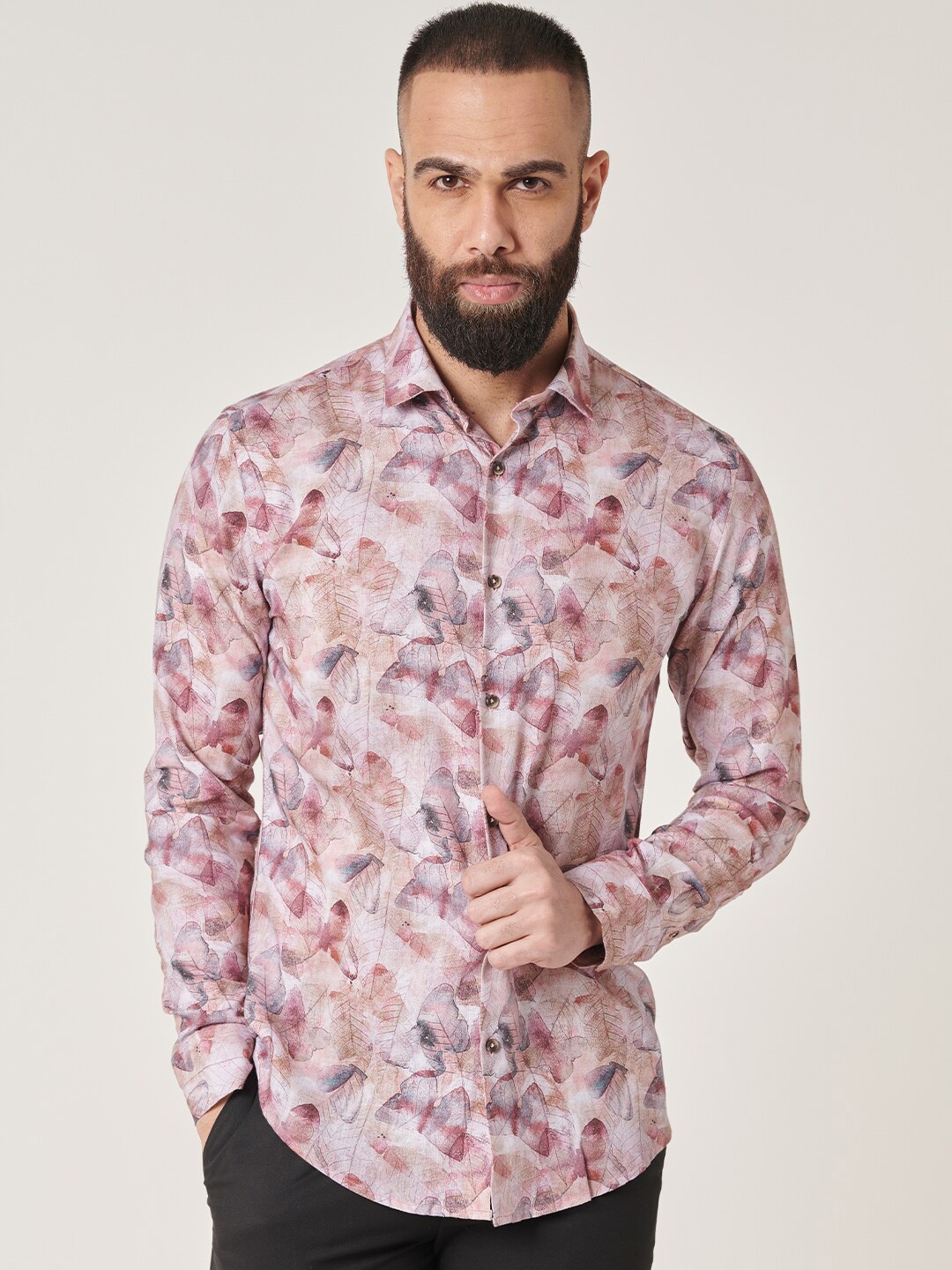 

MR BUTTON Slim Fit Floral Printed Cotton Linen Casual Shirt, Pink