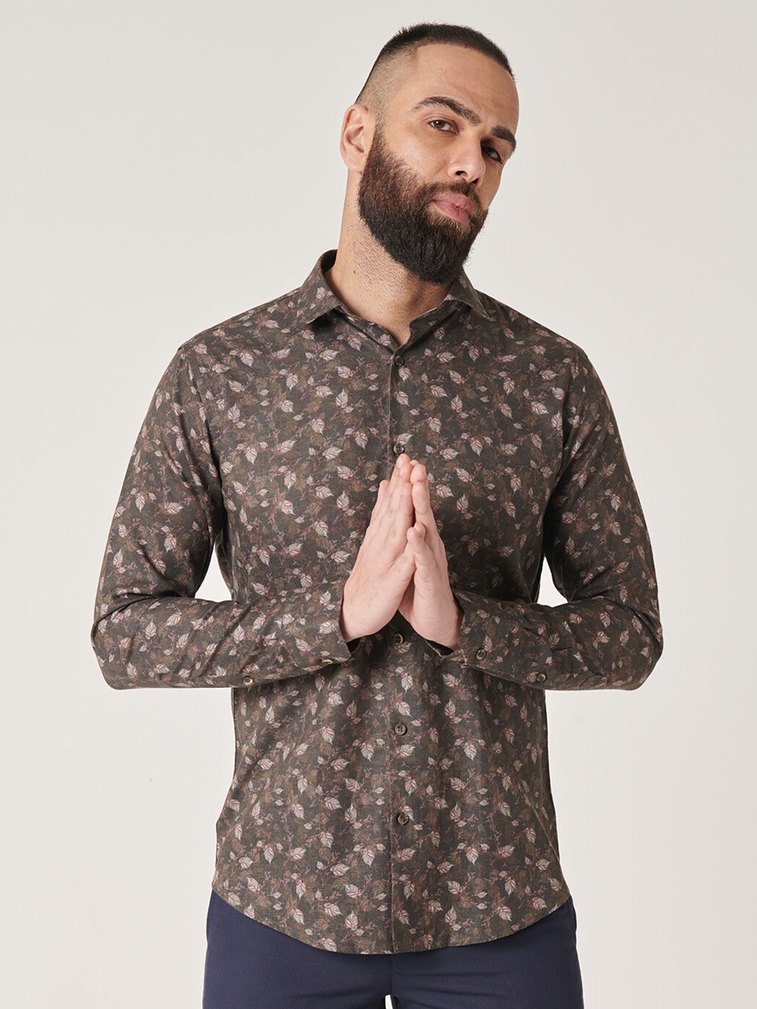 

MR BUTTON Slim Fit Floral Printed Cotton Linen Casual Shirt, Green