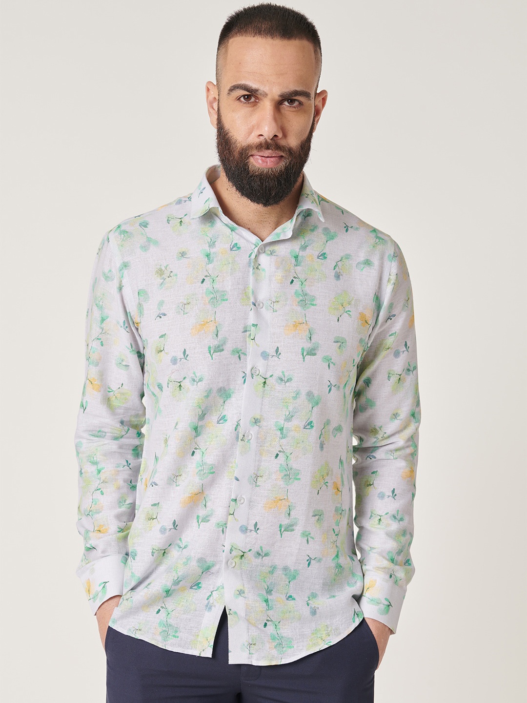 

MR BUTTON Slim Fit Floral Printed Cotton Linen Casual Shirt, White