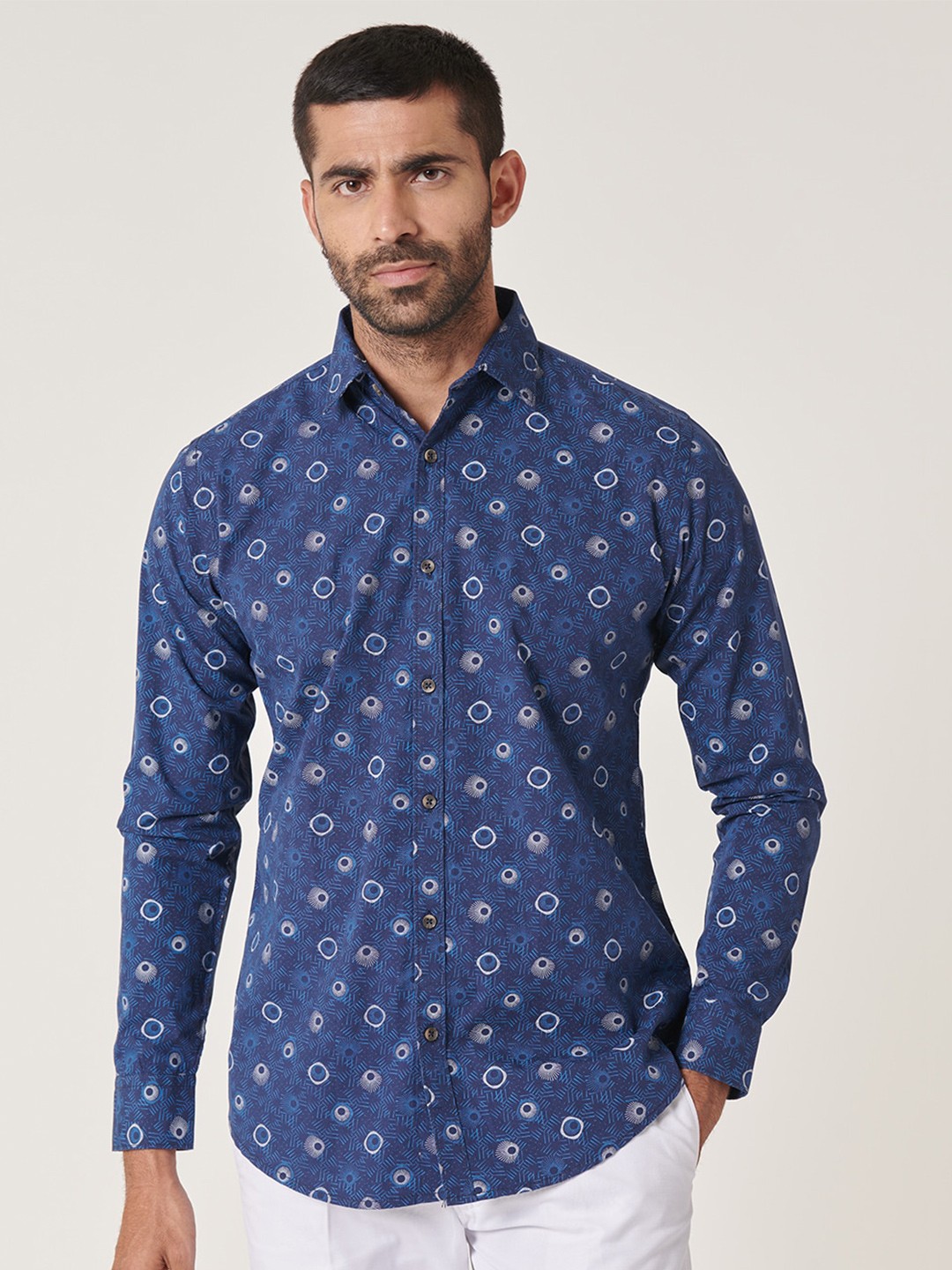 

MR BUTTON Slim Fit Geometric Printed Casual Shirt, Blue