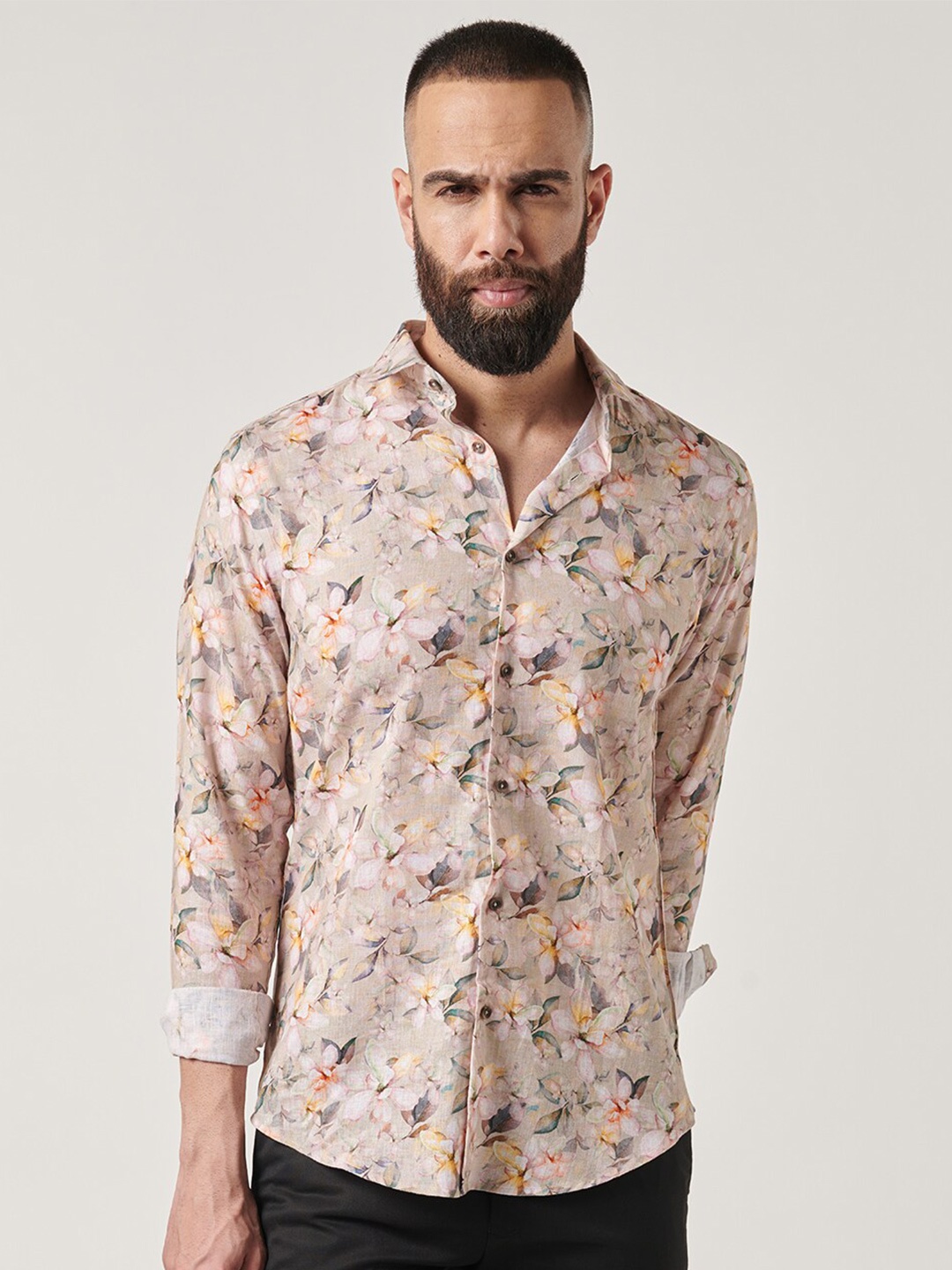 

MR BUTTON Slim Fit Floral Printed Cotton Linen Casual Shirt, Beige