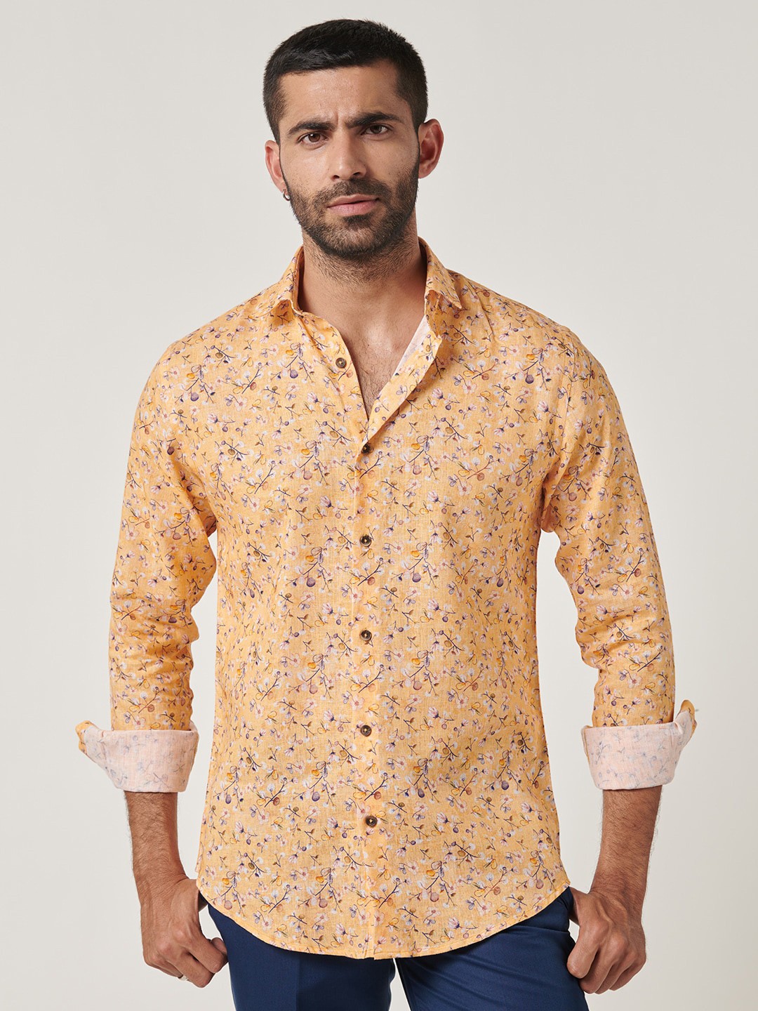 

MR BUTTON Slim Fit Floral Printed Cotton Linen Casual Shirt, Yellow