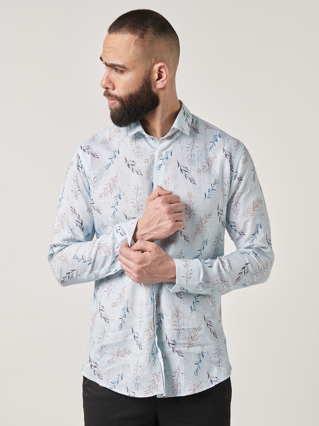 

MR BUTTON Slim Fit Floral Printed Cotton Linen Casual Shirt, Blue