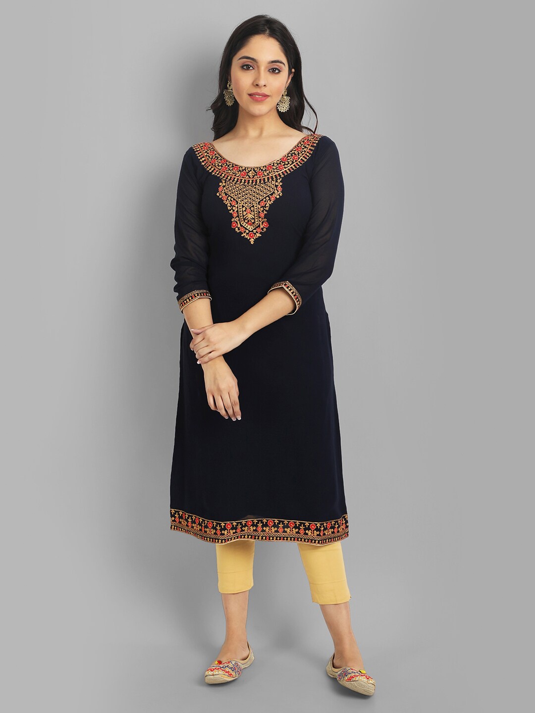 

Femvy Floral Embroidered Straight Kurta, Black