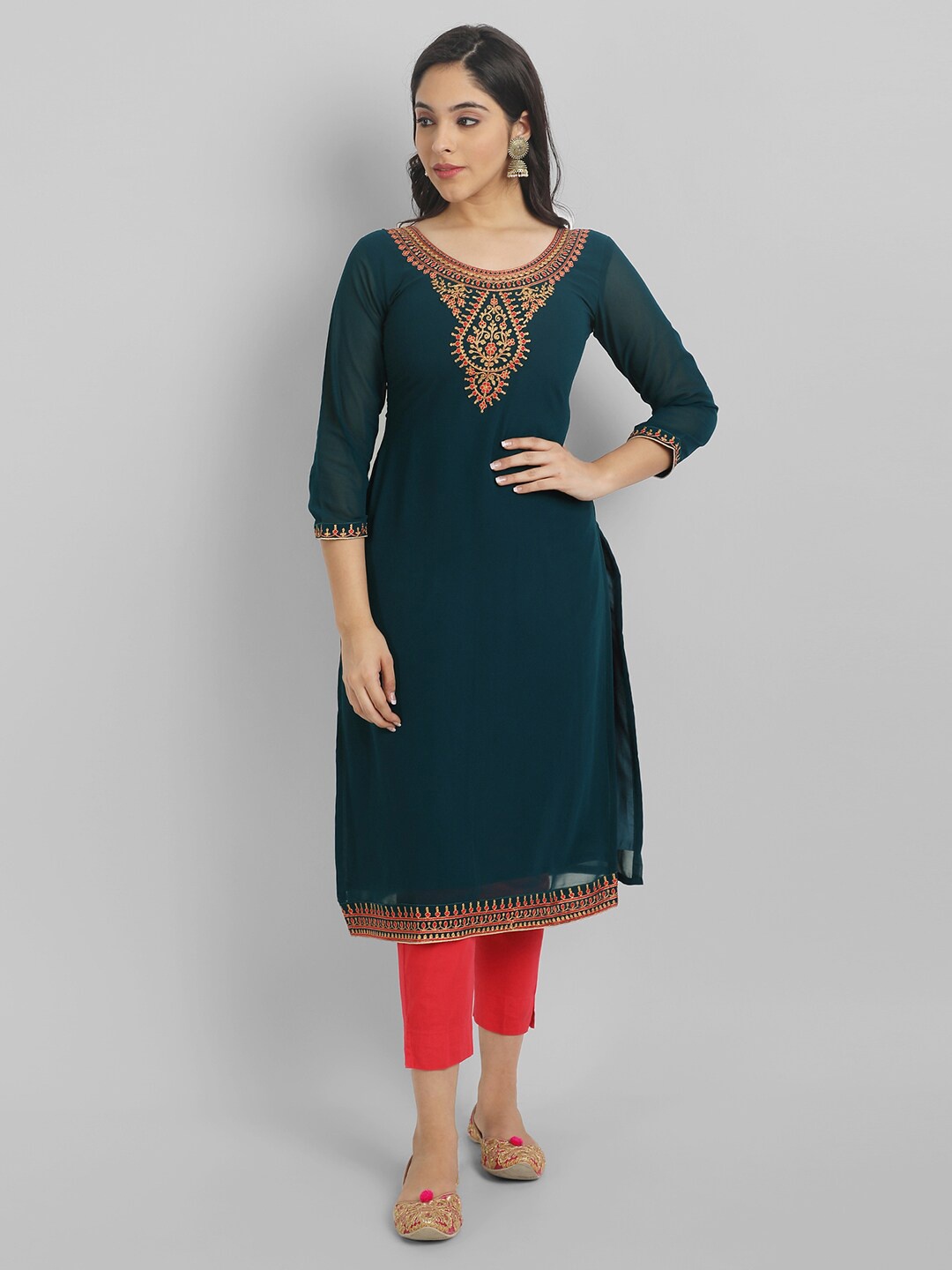 

Femvy Ethnic Motifs Embroidered Georgette Kurta, Teal