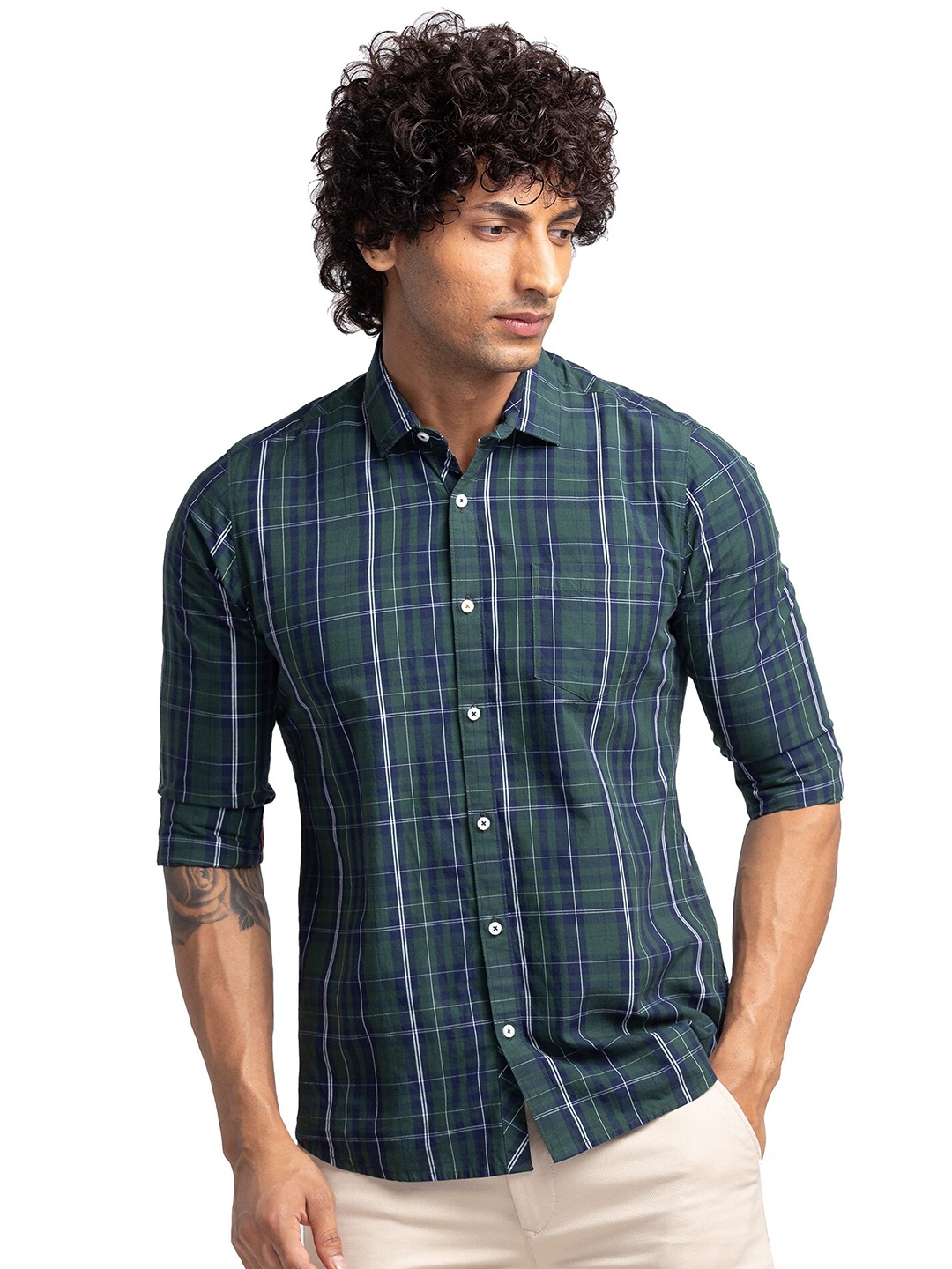 

Killer Tartan Checked Cotton Casual Shirt, Green