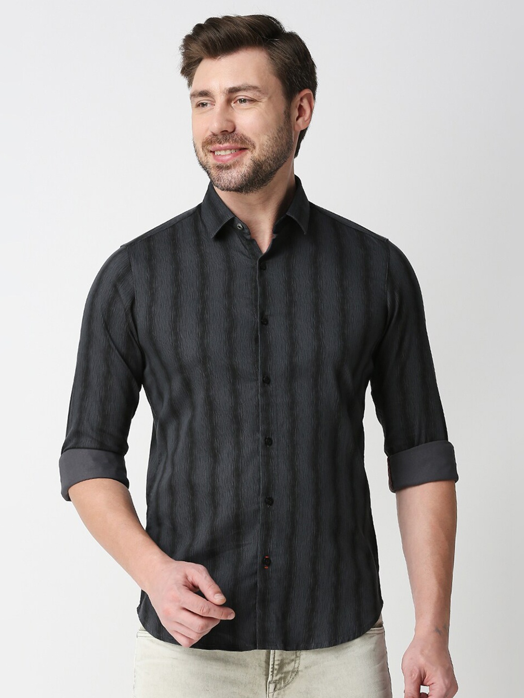 

Killer Spread Collar Striped Casual Shirt, Grey