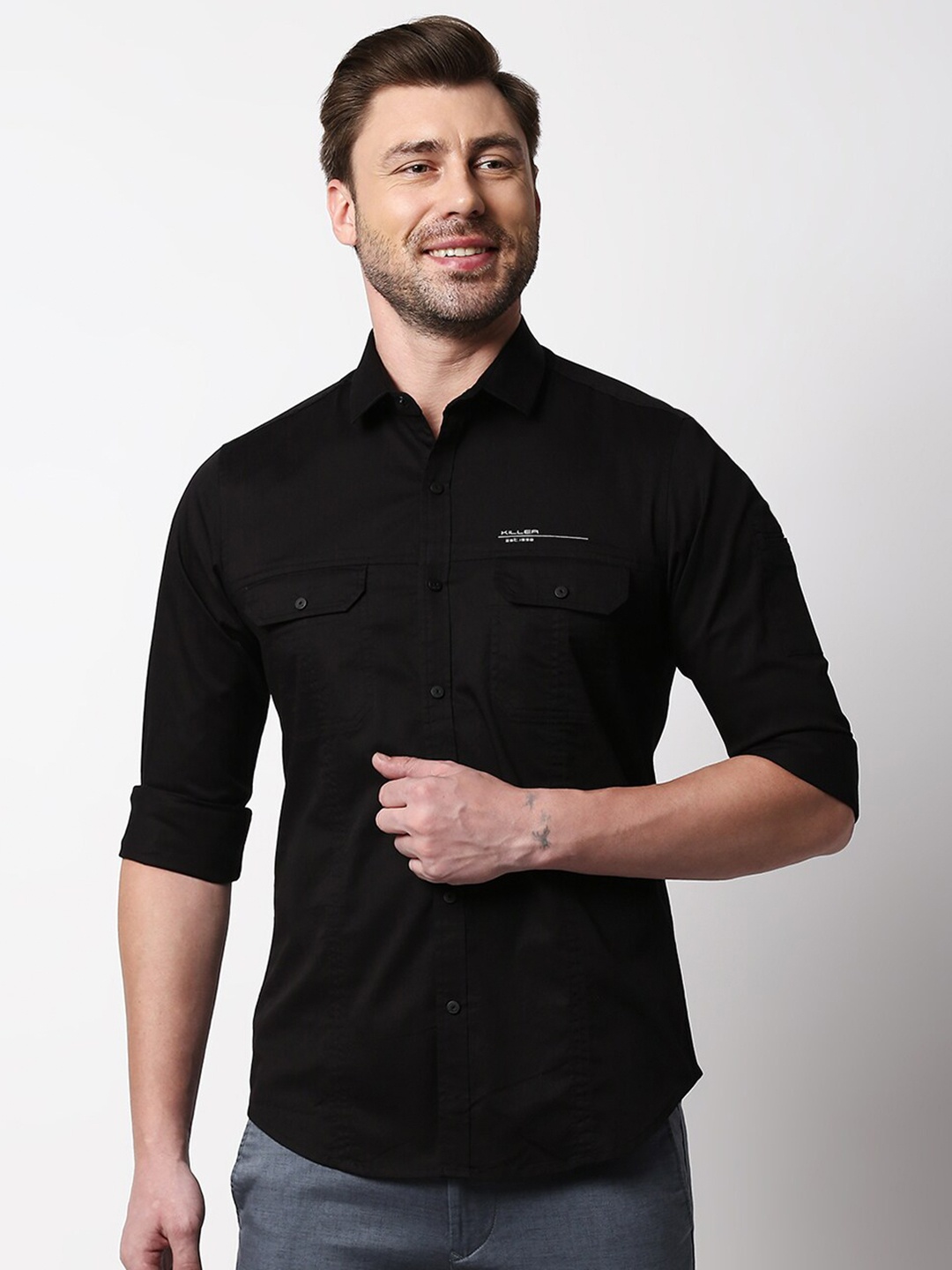 

Killer Spread Collar Slim Fit Opaque Casual Shirt, Black